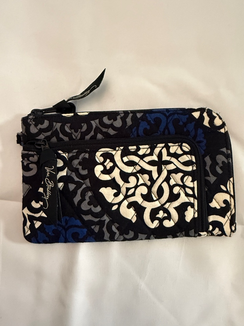 Vera Bradley Black Blue White Patterned Quilted Wristlet- Like New